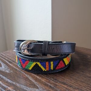 Vintage Ginnie Johansen Multicolored Beaded Black Leather Belt